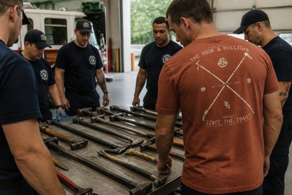 Firefighter crew laying out forcible entry tools on a table at the station, including Halligan bars, hooks, and prying tools, ready for inspection and training