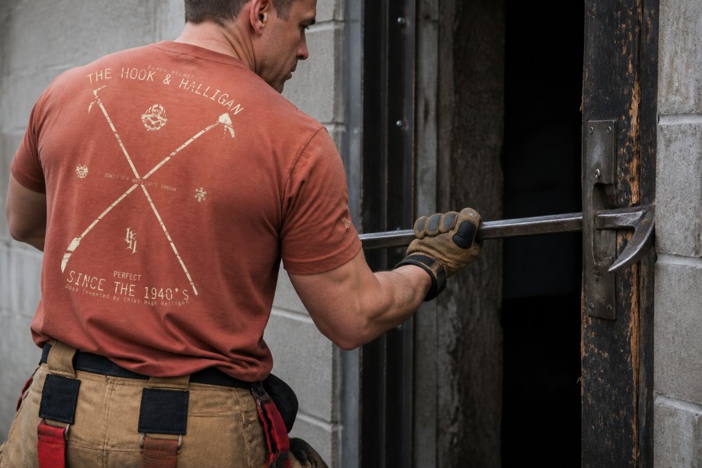 Close-up of a firefighter's hands gripping a Halligan bar during a breaching drill on a training structure, showing proper handle grip and tool deployment technique