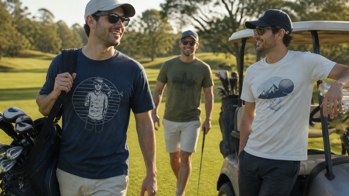 Golfers wearing graphic t-shirts during a relaxed weekend round, standing near a golf cart with smiling expressions and casual posture in natural sunlight