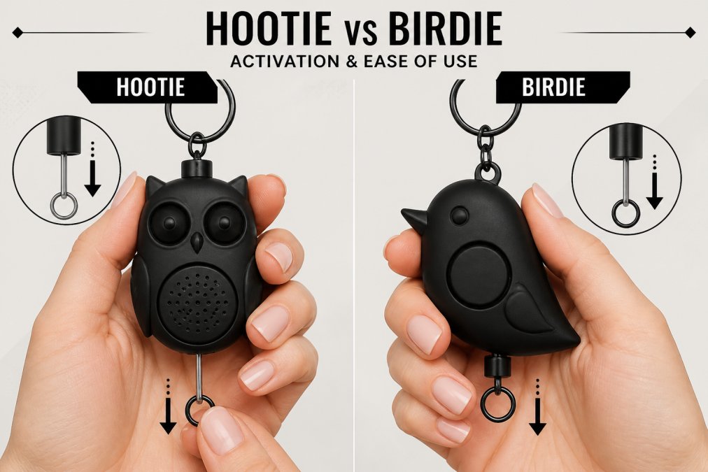 Close-up of a woman's hand holding a Hootie and Birdie keychain alarm side by side, showing the distinct pull-pin activation mechanisms on each device, with natural daylight illuminating the details
