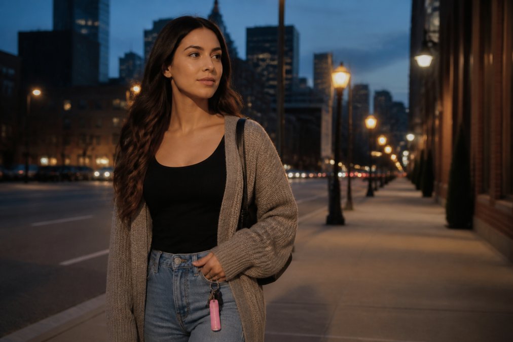 Young woman wearing a Birdie alarm on her keychain while walking confidently through an urban environment at dusk, with street lights beginning to illuminate and buildings visible in the background