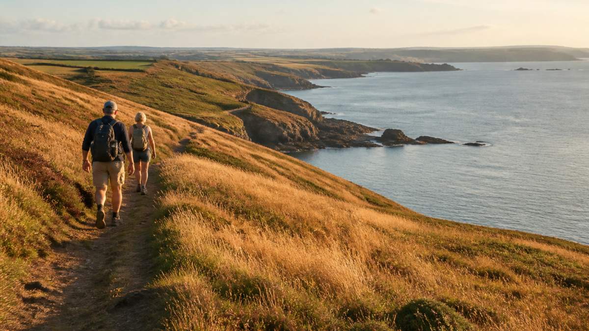 Hikers walking along the dramatic Bolberry Down coastal path with golden afternoon light, cliffs overlooking the sea, South West Devon coastline visible in distance