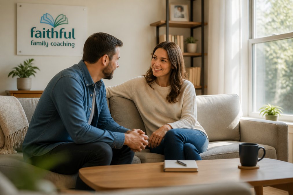 A couple sitting together in a comfortable, light-filled counseling space with warm natural lighting, having a genuine conversation with open body language and relaxed posture