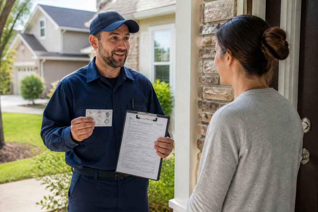 Licensed plumber in uniform holding credentials and insurance documentation while speaking with homeowner at residential front door, natural daylight