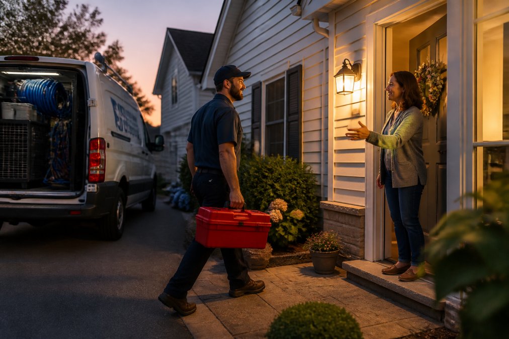 A uniformed plumber stepping out of a branded service van in a suburban driveway at dusk, carrying a red toolbox while a homeowner greets him at the front door under porch lighting