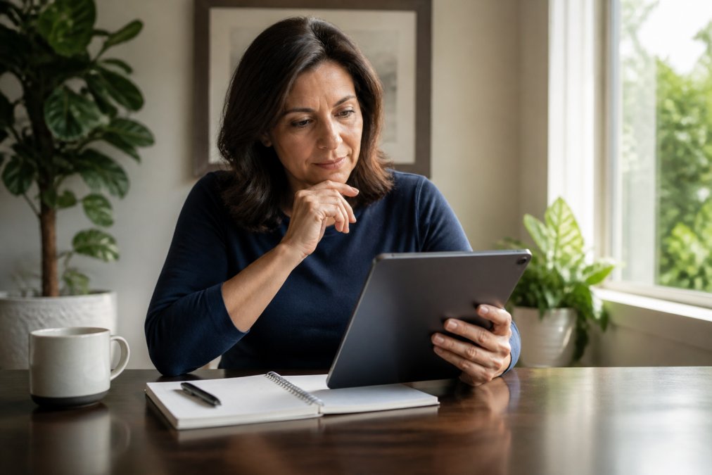 Woman sitting at a desk with a notebook and pen, thoughtfully reviewing health information on a tablet, natural lighting from a window