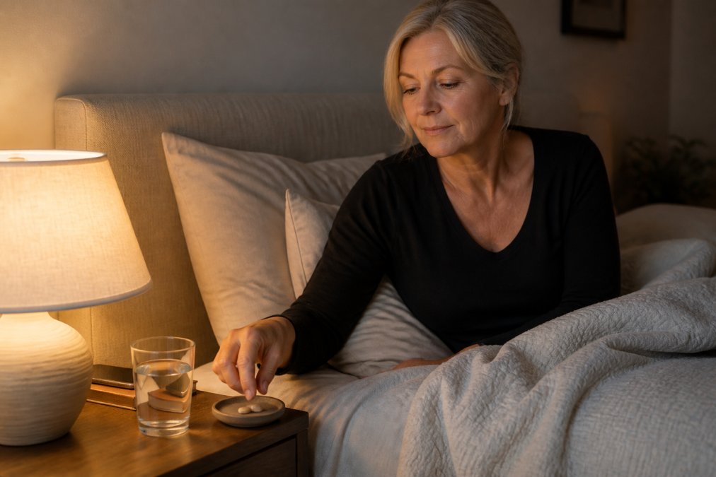 A woman in her fifties adjusting her bedroom environment for better sleep - dimmed bedside lamp, soft bedding, a glass of water and a small dish holding a supplement on the nightstand, calm and restful atmosphere