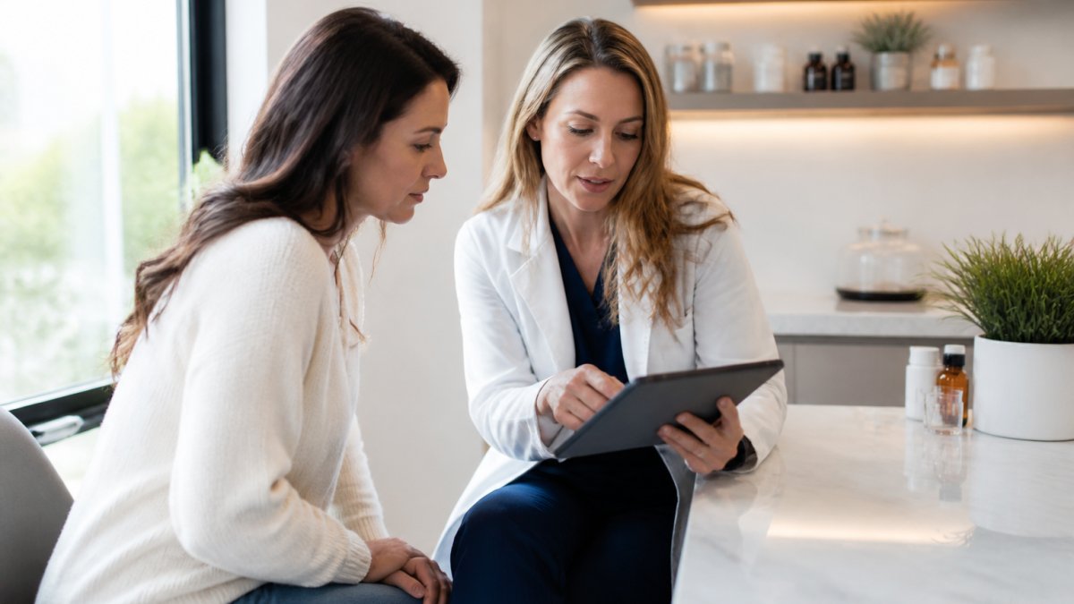 A clinician in a bright, modern consultation room reviewing lab results on a tablet with a patient, both engaged in discussion, soft natural light through large windows