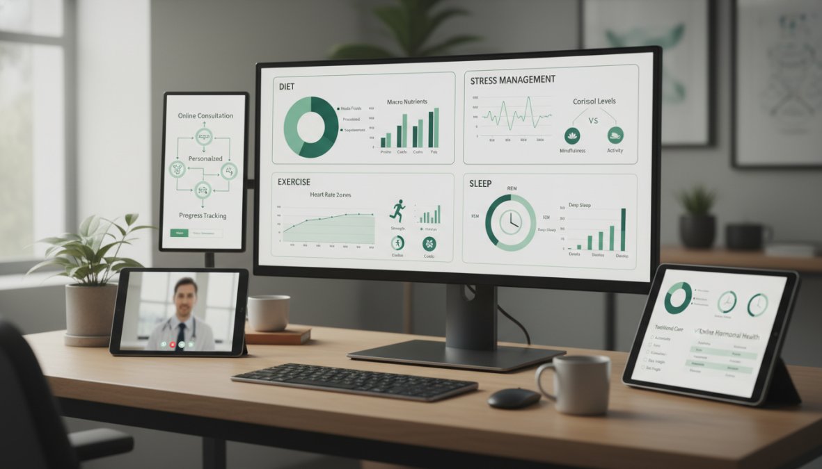 Bar graph showing the impact of different lifestyle factors on hormone balance: Diet (35%), Exercise (30%), Stress Management (20%), Sleep (15%)