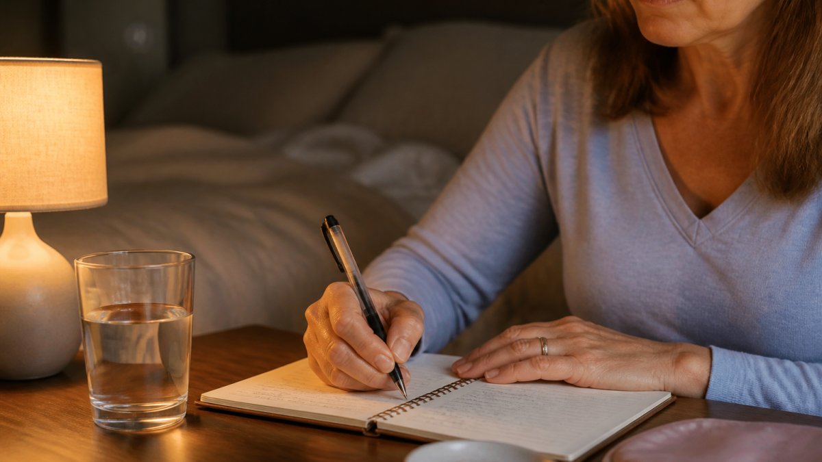 A woman in her late 40s sitting at a bedroom desk at night, writing in a sleep journal beside a glass of water and a small lamp, soft warm light, calm and focused mood