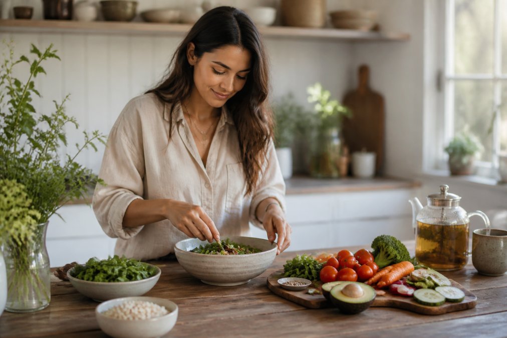 Woman preparing fresh vegetables and whole grains in a kitchen to support balance for hormonal imbalance in women