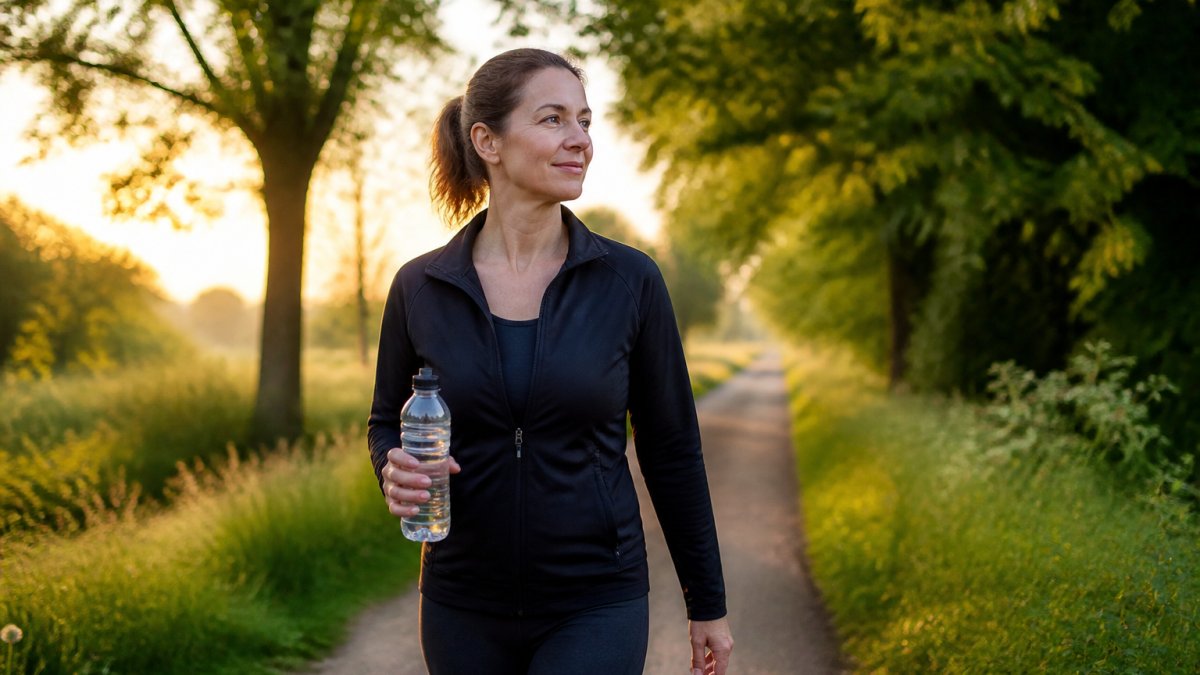 Vrouw in sportkleding wandelt op een groen pad voor cellulitis oplossingen door beweging.