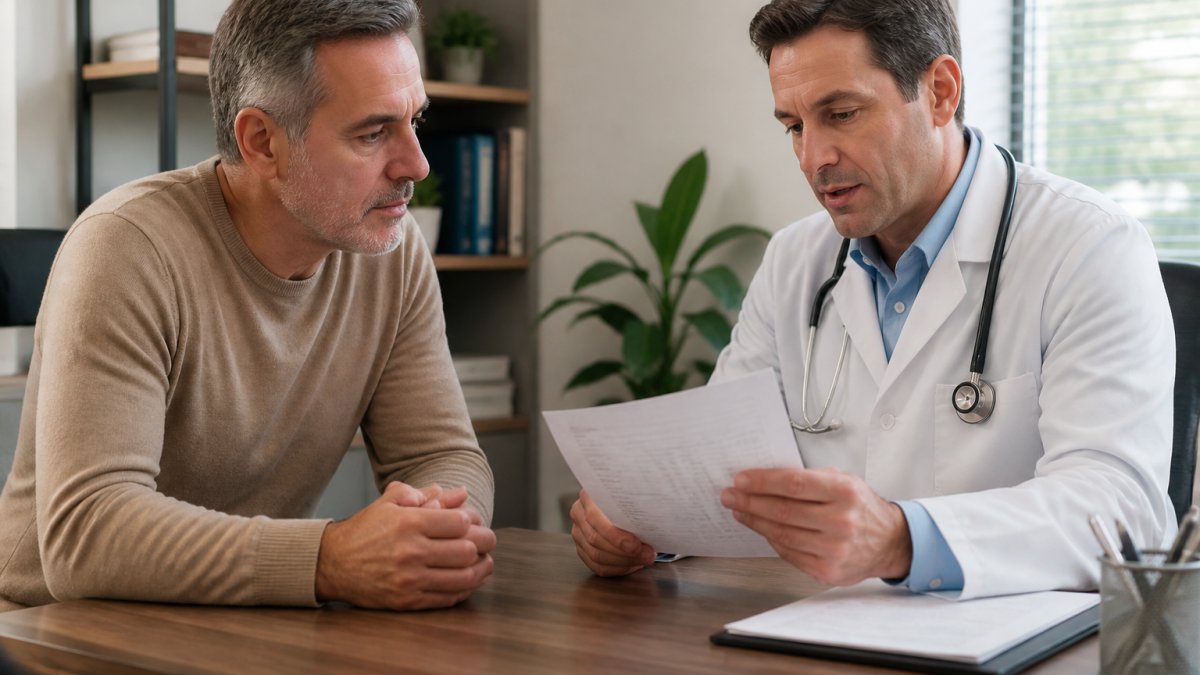 A physician in a bright clinic office reviewing printed lab results with a male patient in his 50s, both seated at a desk with a computer screen showing blood test data in the background