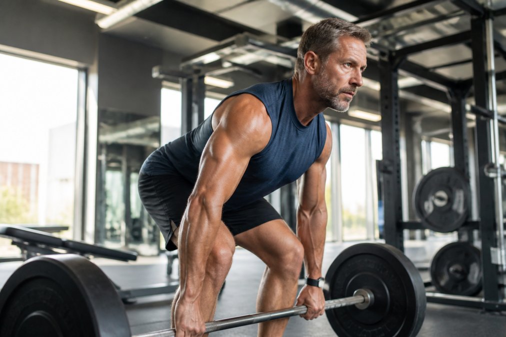 Middle-aged man lifting weights with proper form in a modern gym, muscles engaged, looking focused and energized with natural daylight from windows