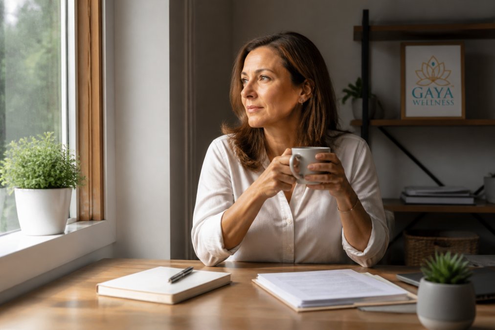 Woman in her mid-40s sitting at a desk looking thoughtful, holding a cup of tea, with natural daylight from a window streaming across her face. She appears calm and reflective, suggesting the introspective nature of recognizing hormonal changes