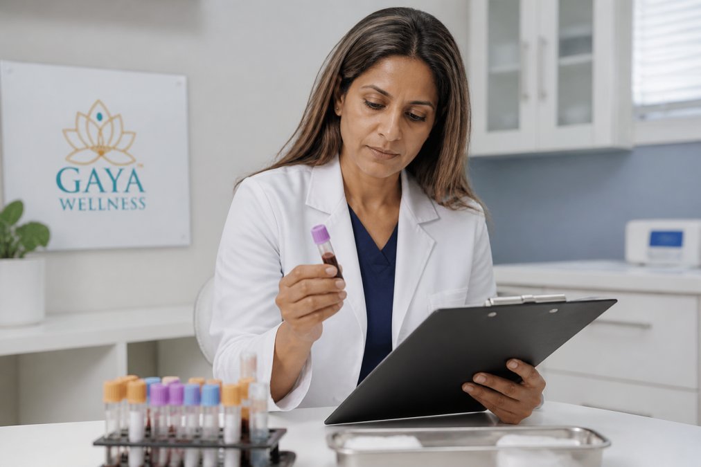Close-up of a healthcare provider's hands holding a blood test vial and clipboard with lab results, showing a professional clinical setting with organized lab equipment in soft natural light. The provider's expression is focused and professional