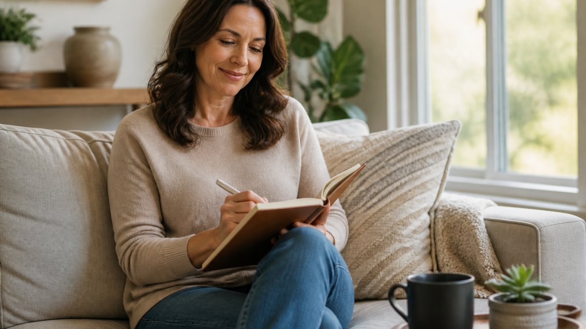 A woman in her 40s sitting comfortably on a couch at home, smiling gently while looking at a journal, with soft natural light coming through a window, conveying a sense of calm and gradual improvement
