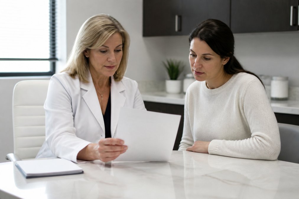 A physician in a white coat sitting across from a patient in a modern exam room, both reviewing a printed lab report together under soft overhead lighting