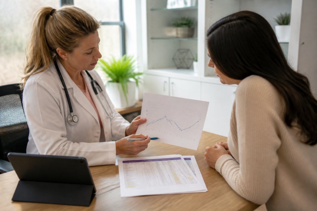 A physician and patient reviewing a printed hormone panel and weight trend chart together across a desk in a bright modern clinic office, tablet and blood test results visible, soft natural window light