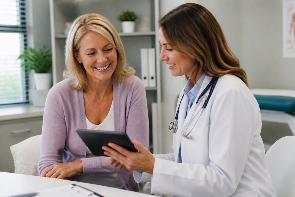 A woman and her doctor discussing hormone replacement therapy and weight management on a tablet in a clinic.