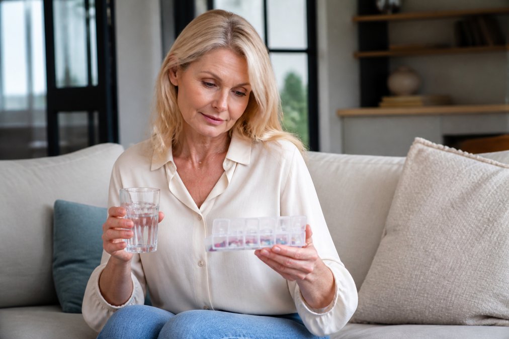 Woman in her fifties holding a pill organizer and water while starting hormone replacement therapy