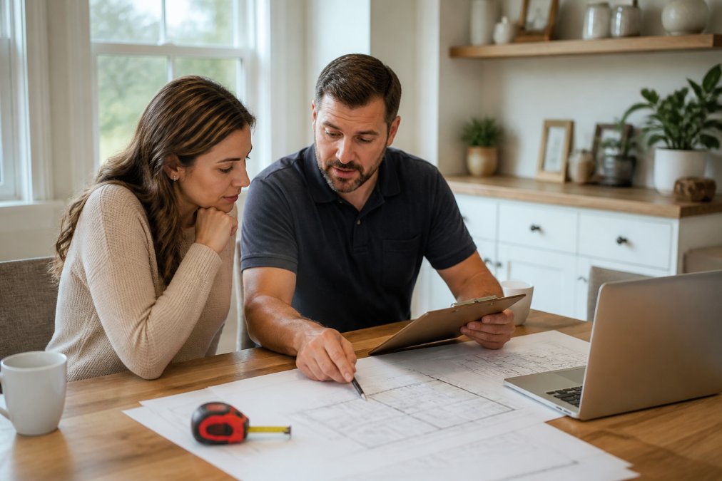 A homeowner and a contractor reviewing blueprints and a clipboard at a kitchen table in a bright home office, with a laptop open to a comparison spreadsheet