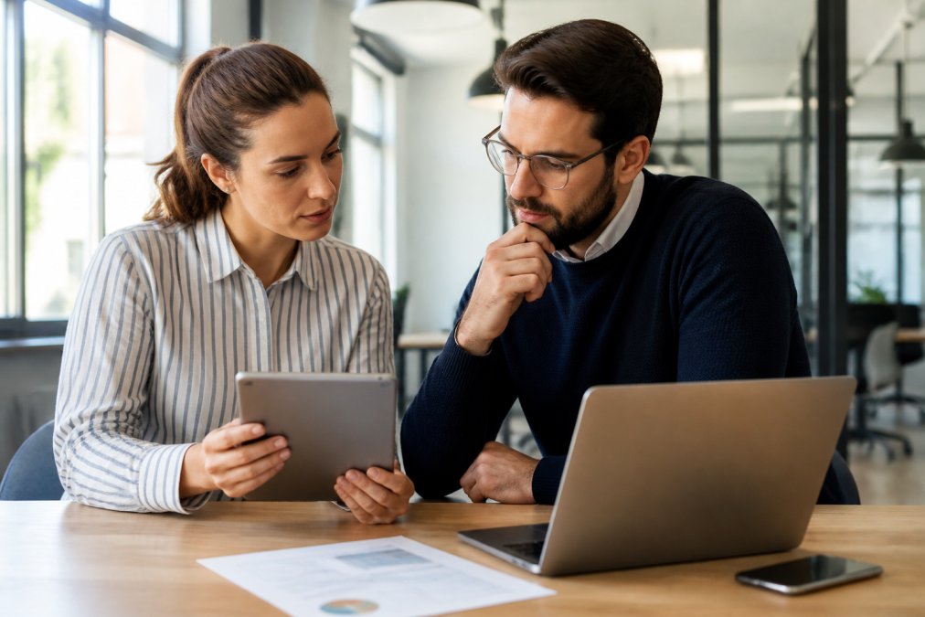 Two business professionals reviewing website designs on a laptop and tablet in a bright, modern office with large windows and natural lighting