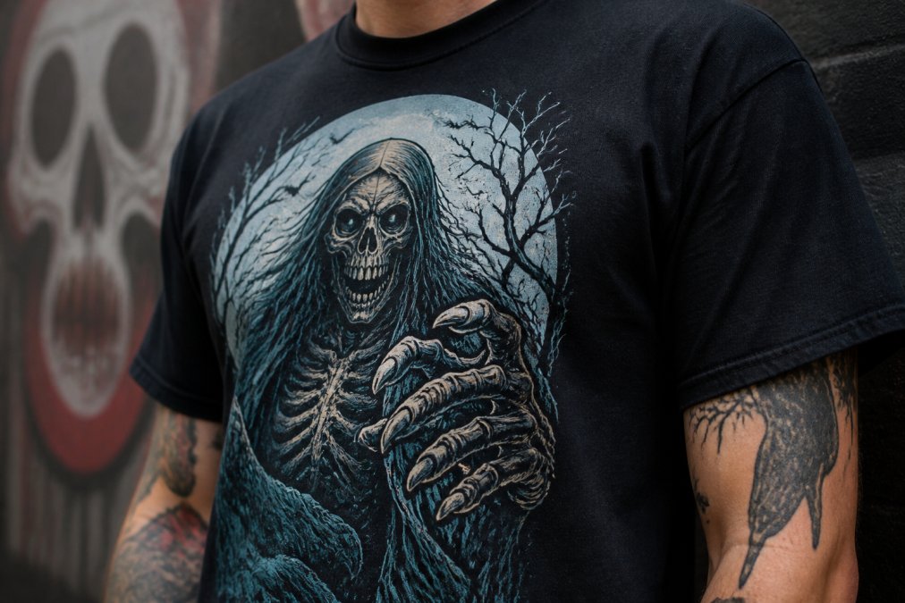 Close-up of a person wearing a horror-themed graphic tee with visible print detail and fabric texture, natural lighting highlighting the design clarity and durability