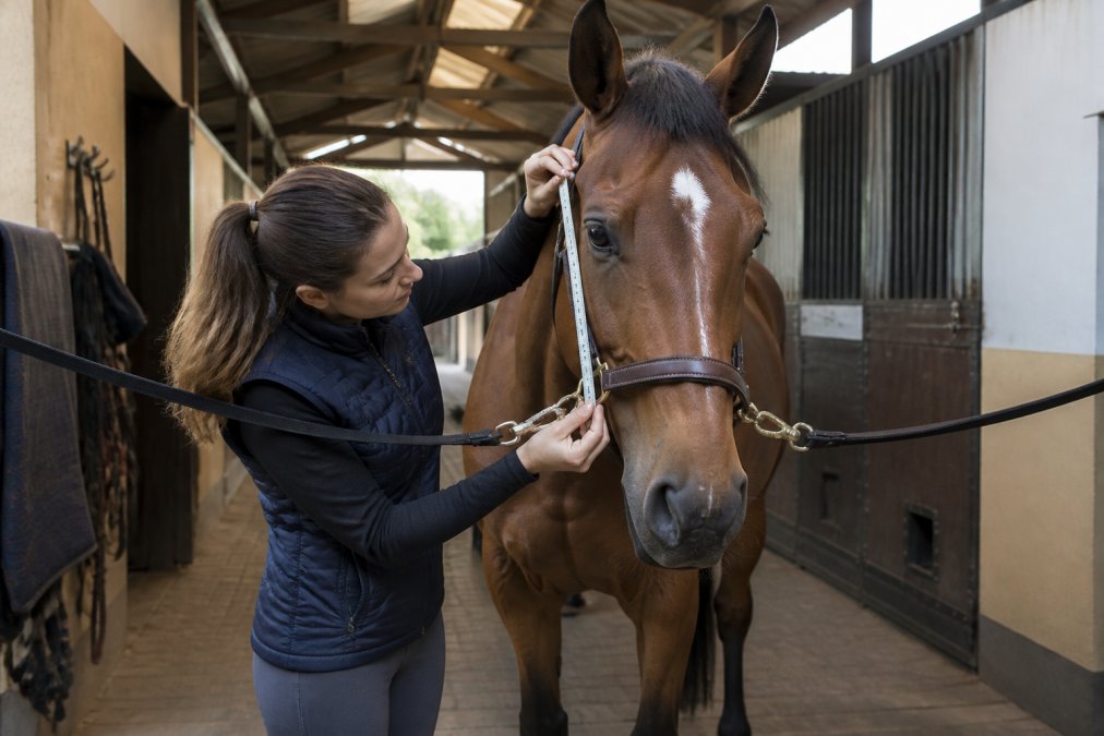 Rider measuring a horse's head with a tape to ensure proper fit for horse bridle sets in a sunlit barn aisle.