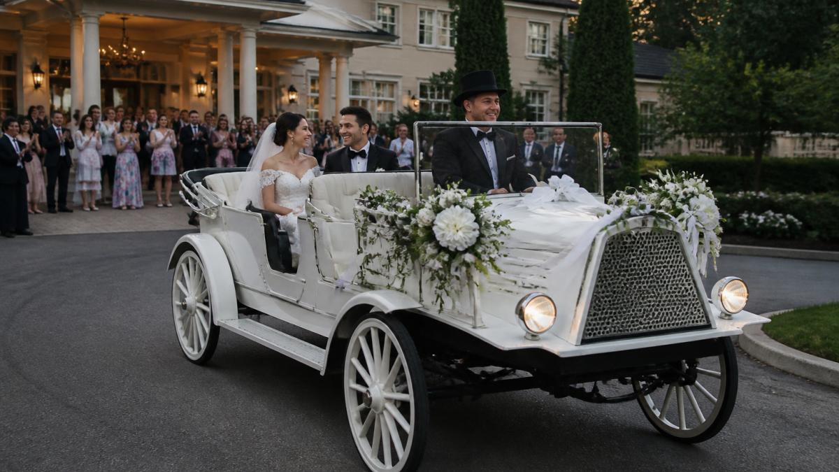 Bride and groom arriving at their wedding in a floral decorated horseless carriage rental at sunset