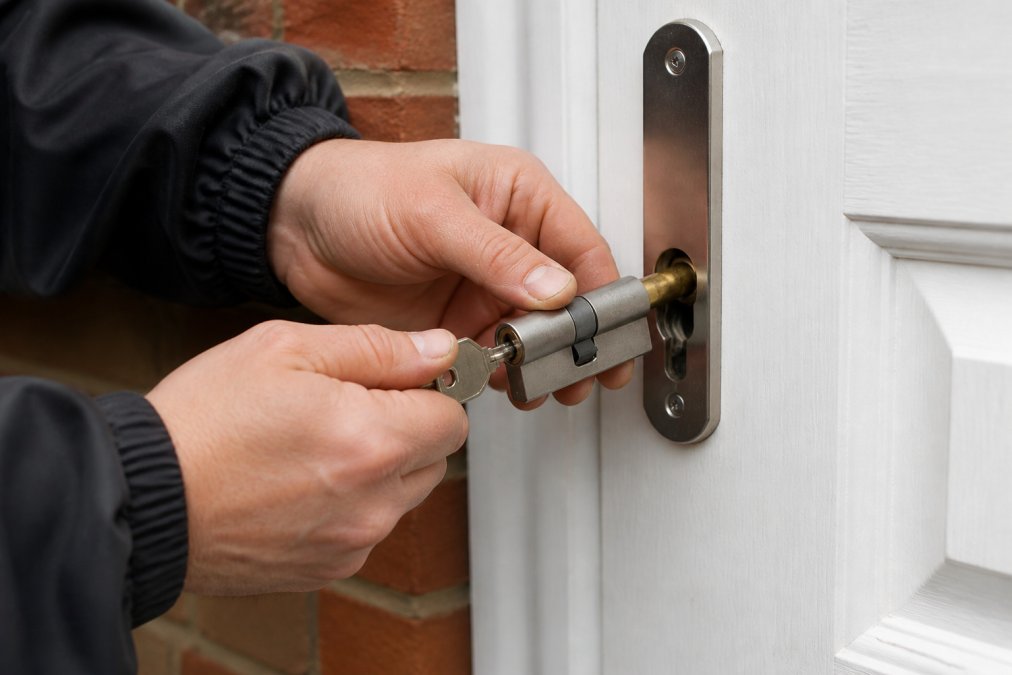 Professional locksmith's hands removing a euro cylinder from a door lock using a key, with the cylinder partially withdrawn showing the internal mechanism and brass components