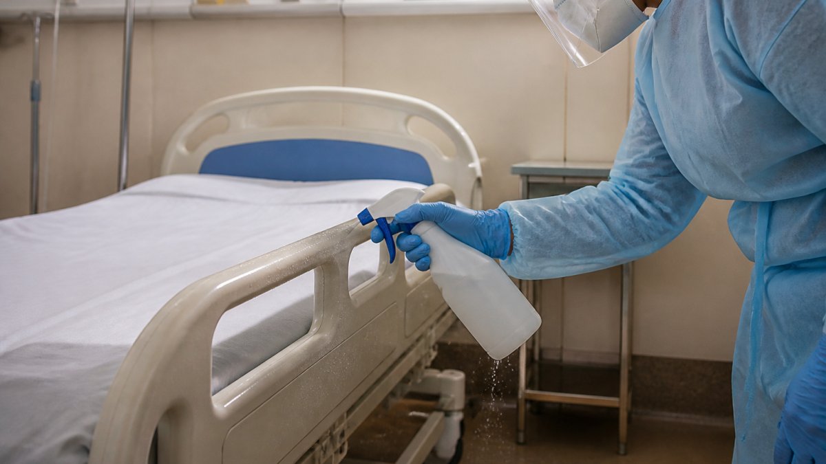 Healthcare worker in protective equipment spraying hospital bed rail with disinfectant solution, maintaining visible wetness on the metal surface under clinical lighting