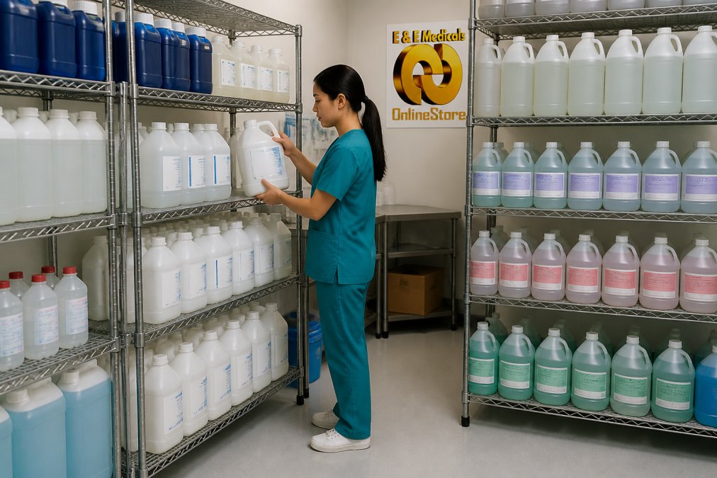 Healthcare worker organizing hospital disinfectant bottles in a storage area to optimize bulk purchase cost