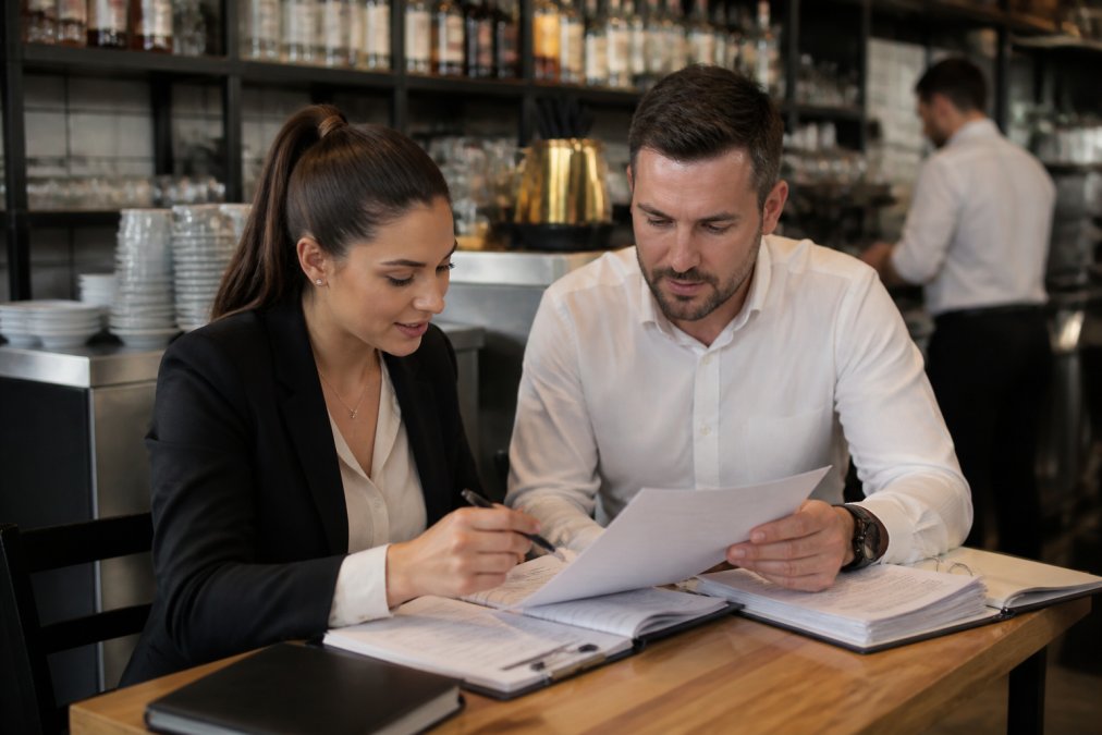 Flowchart detailing hospitality licensing steps for a designated premises supervisor in a restaurant office