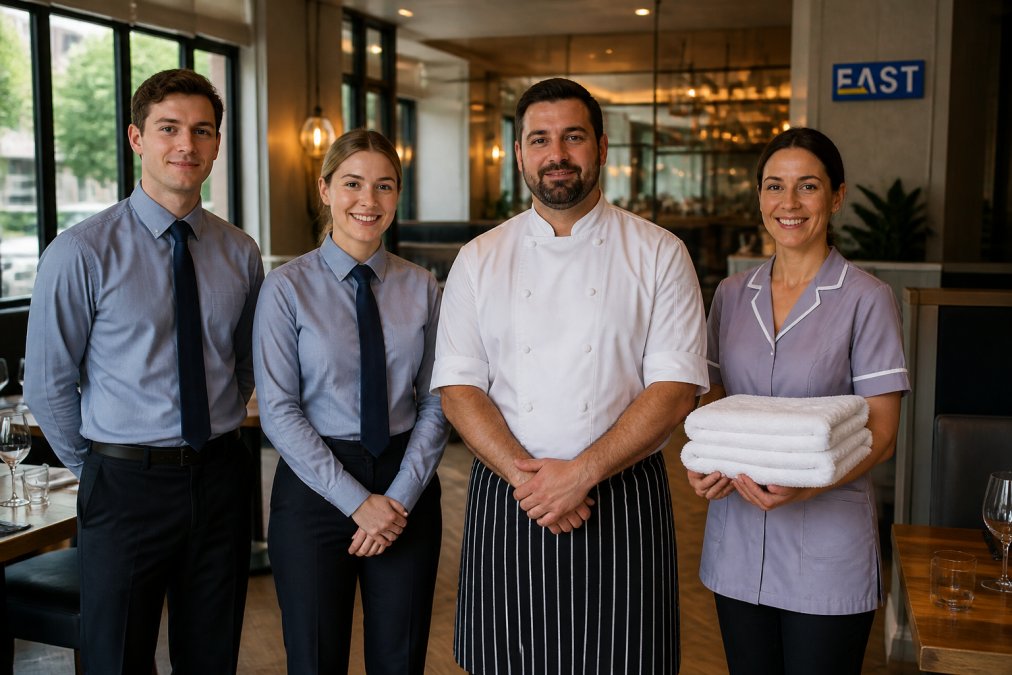 A hospitality team in a UK restaurant: front of house staff in smart trousers and tailored shirts, a chef in a white coat, and a housekeeper in a tunic, all wearing embroidered logos, standing in a bright modern venue