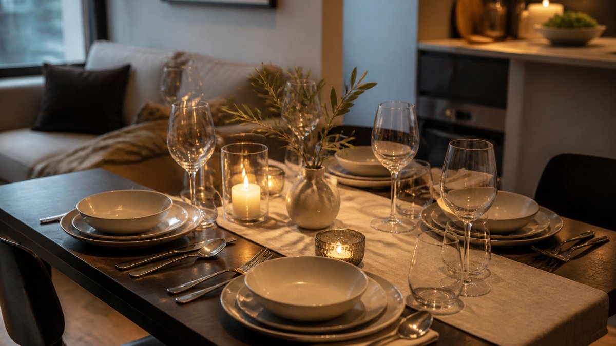Infographic illustrating a step-by-step guide to setting a dinner party small apartment table with ambience.