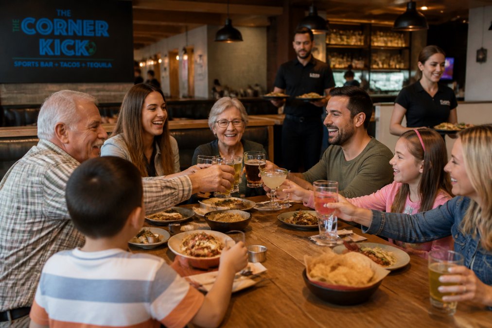 A multi-generational family gathered around a long table at a casual pub, smiling and clinking glasses, with warm overhead lighting and servers in the background carrying plates