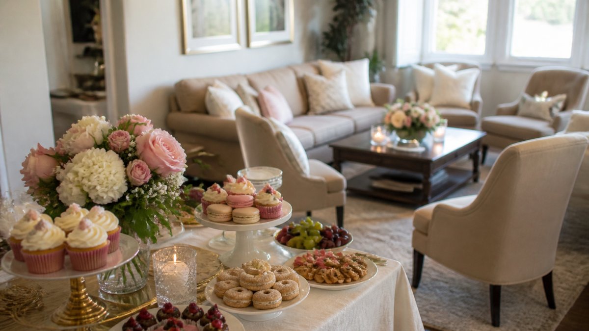A bright, welcoming living room set up for an intimate bridal shower, with a decorated dessert table, fresh flowers, and comfortable seating arranged for a small group of guests