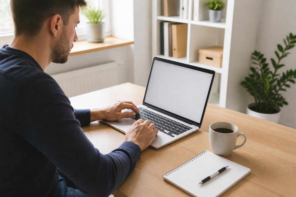 Eine Person sitzt an einem hellen Schreibtisch vor einem Laptop mit geöffneter Server-Verwaltungsoberfläche, daneben liegen ein Notizblock und eine Tasse Kaffee