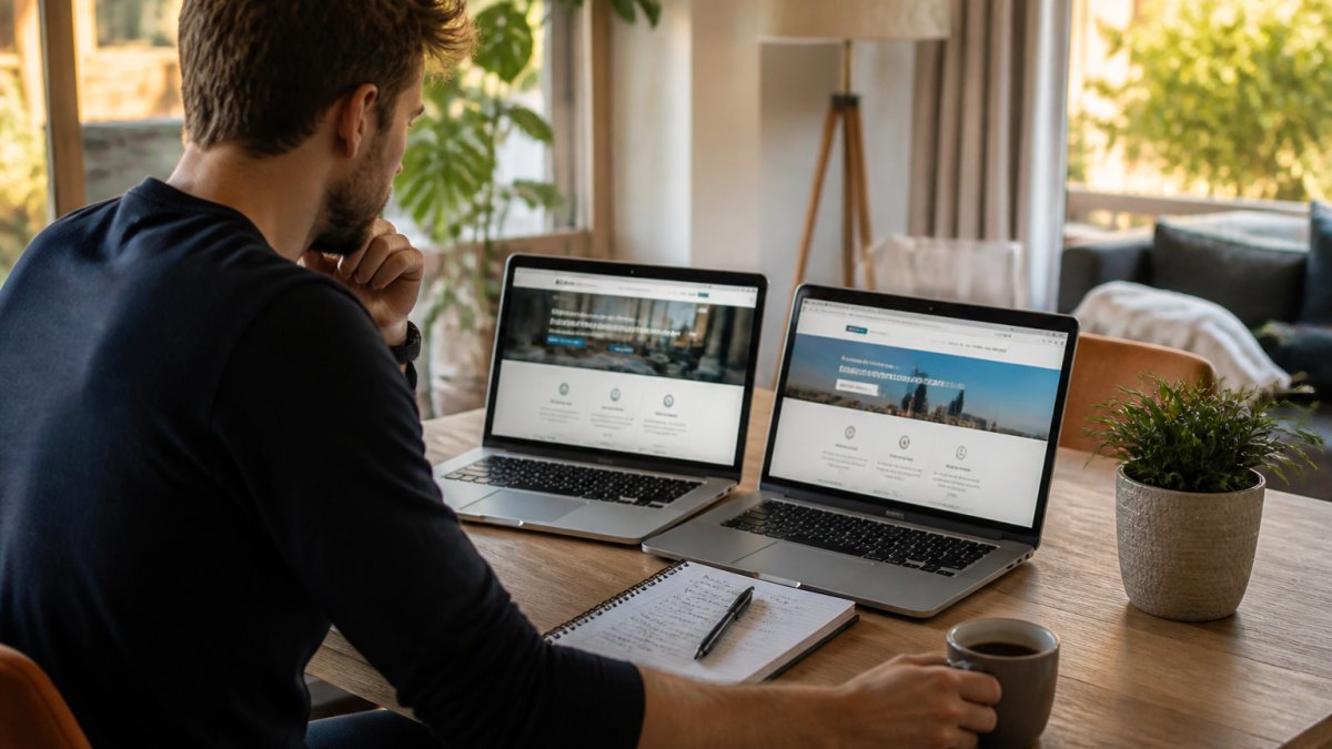 Persoon vergelijkt twee website-dashboards op een laptop voor een hostingvergelijker vergeleken-analyse op een houten tafel.