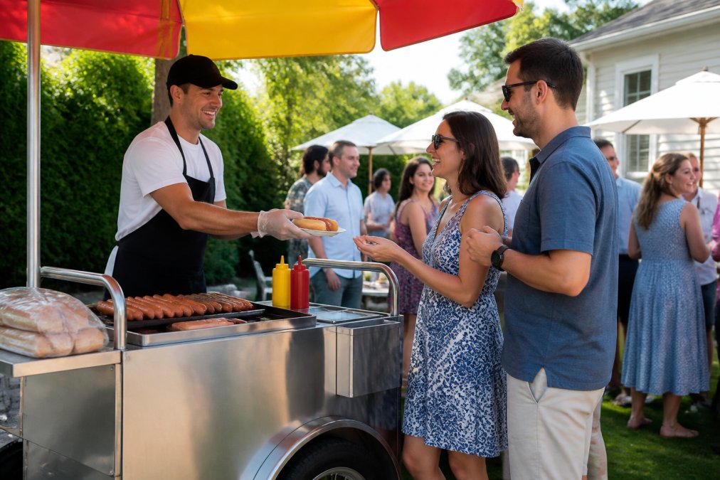 A cheerful vendor in a clean apron serving hot dogs from a stainless steel cart to happy guests at an outdoor backyard party on a sunny afternoon