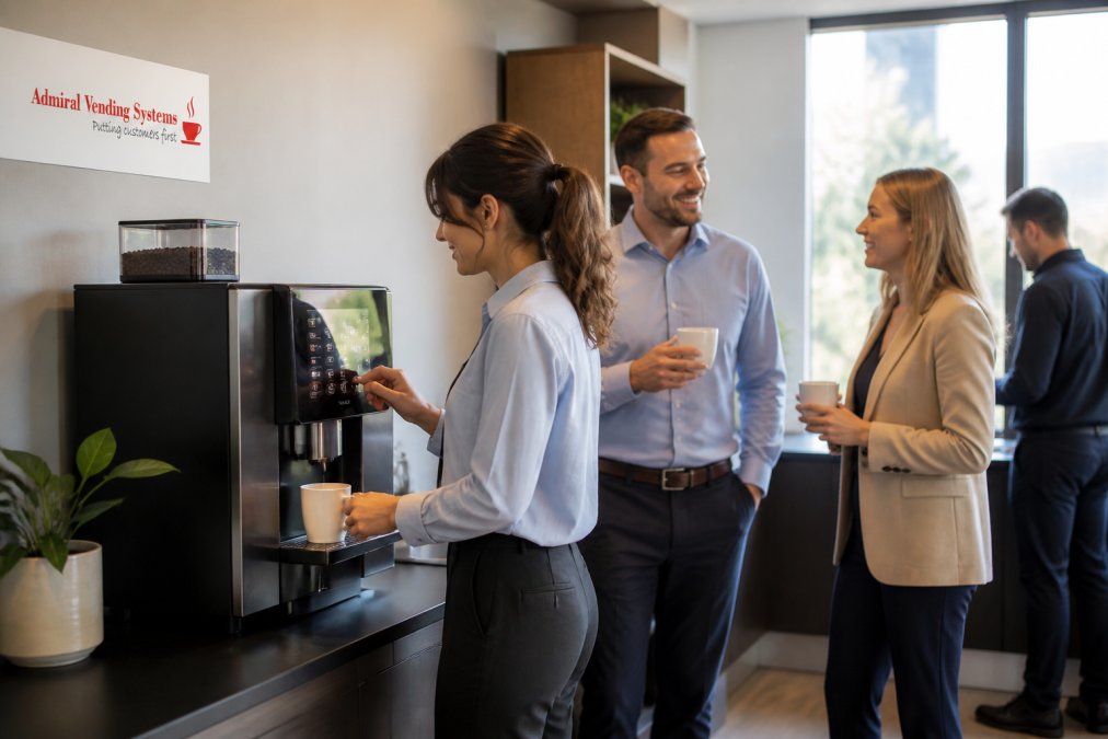 Office breakroom with employees using a modern bean to cup coffee machine, showing quick service and satisfied staff with fresh beverages in natural daylight