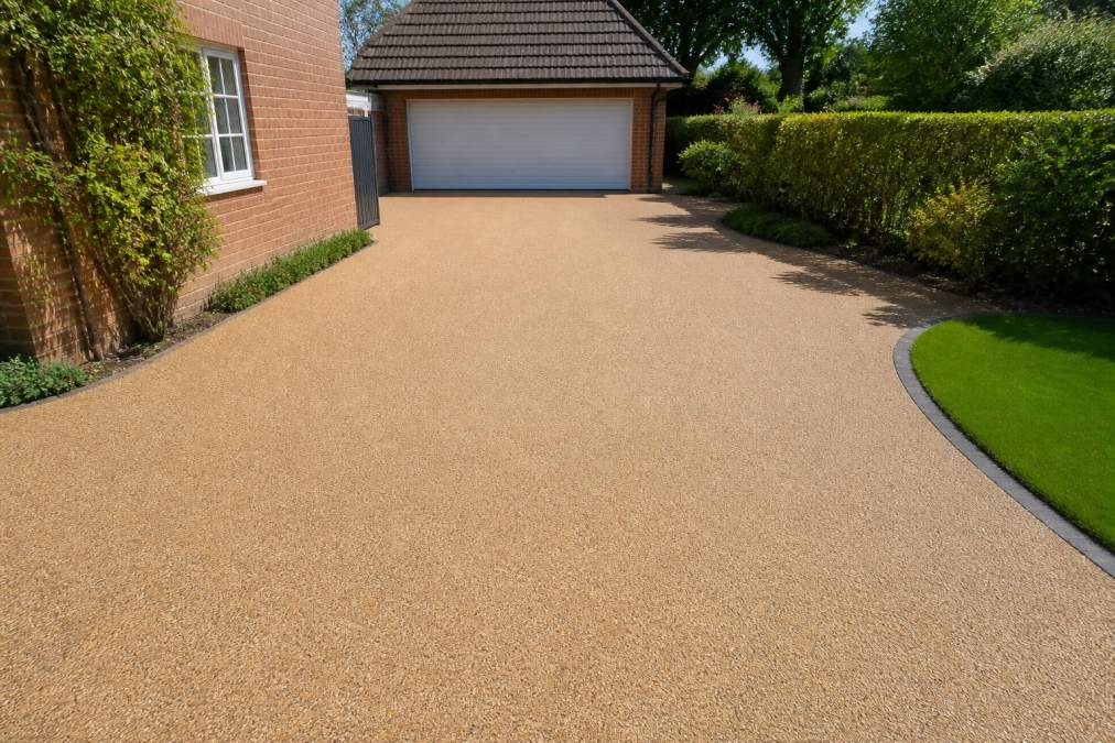 Well-maintained resin bound driveway with smooth, seamless finish in warm neutral aggregate tones, showing no visible cracks or discolouration, photographed in bright daylight