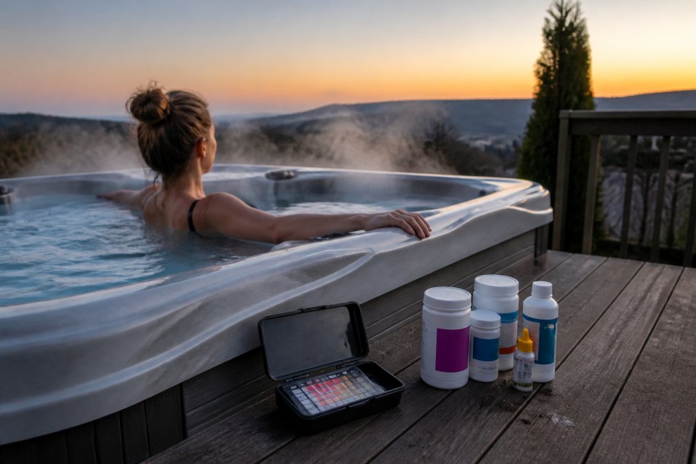 Person relaxing in a backyard hot tub at dusk with testing supplies for bromine vs chlorine maintenance