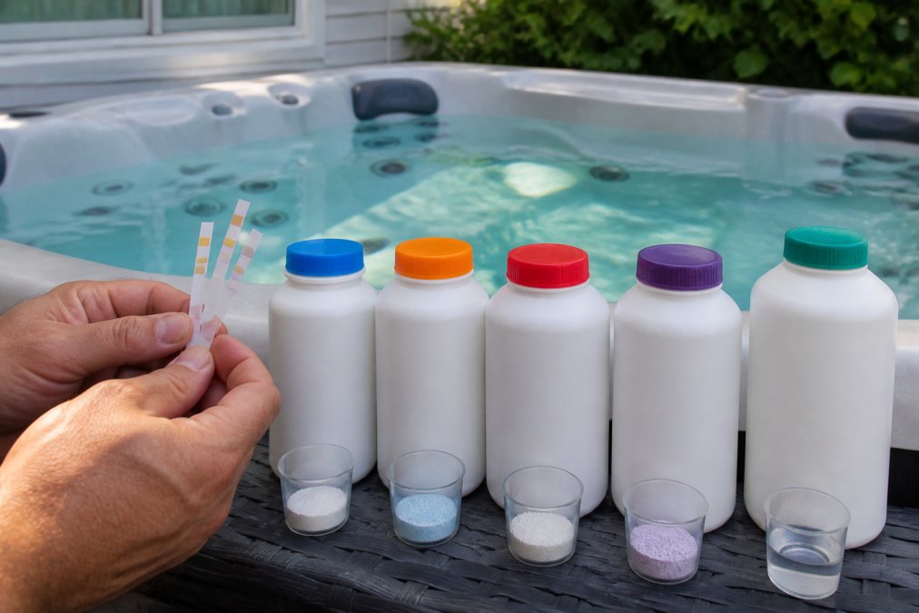 Close-up of hands holding test strips and chemical bottles arranged in startup sequence beside a hot tub, with water visible in the background