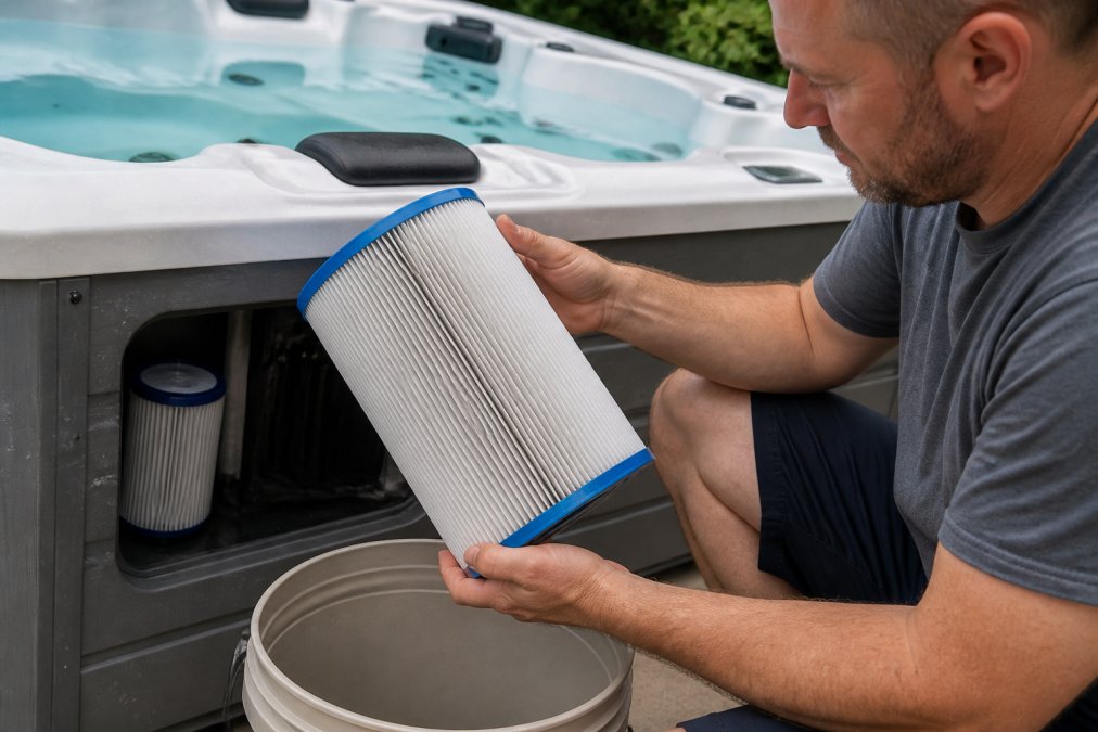 Person removing and inspecting a hot tub filter cartridge over a bucket, showing the pleated filter element clearly