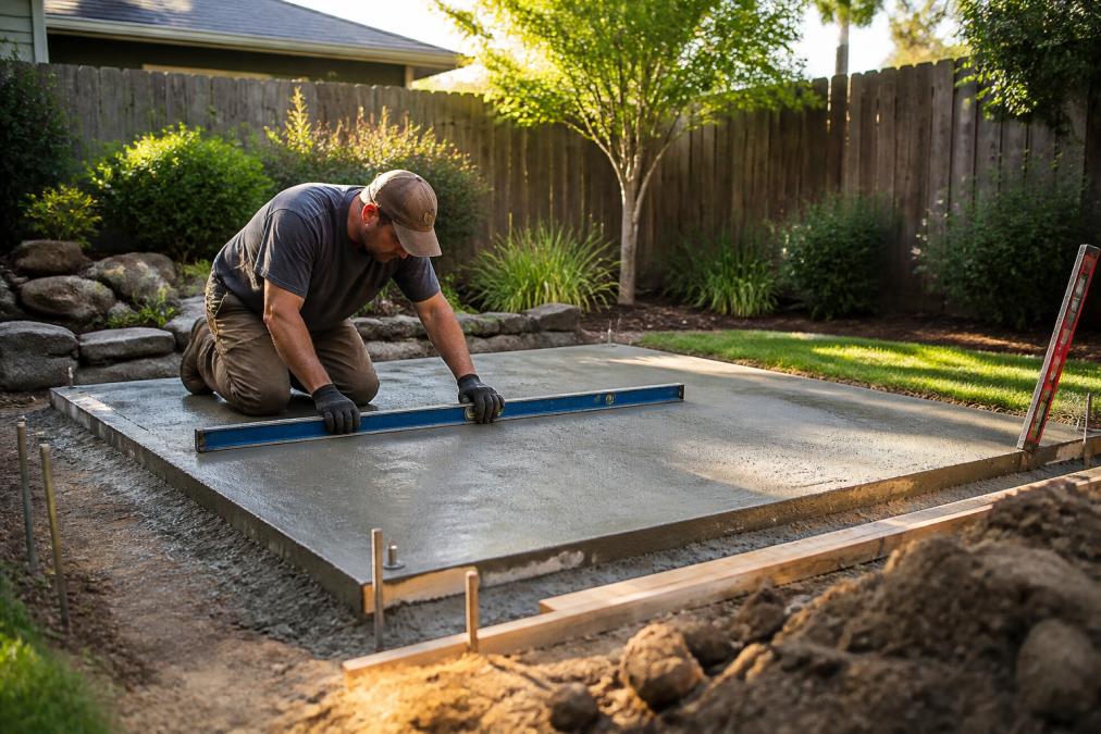 Professional contractor preparing concrete pad foundation for hot tub installation, measuring and leveling ground with tools, natural daylight