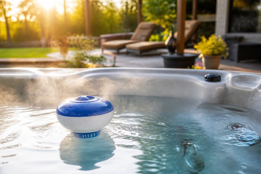 Floating mineral sanitizer dispenser in a steaming hot tub on a sunny backyard patio