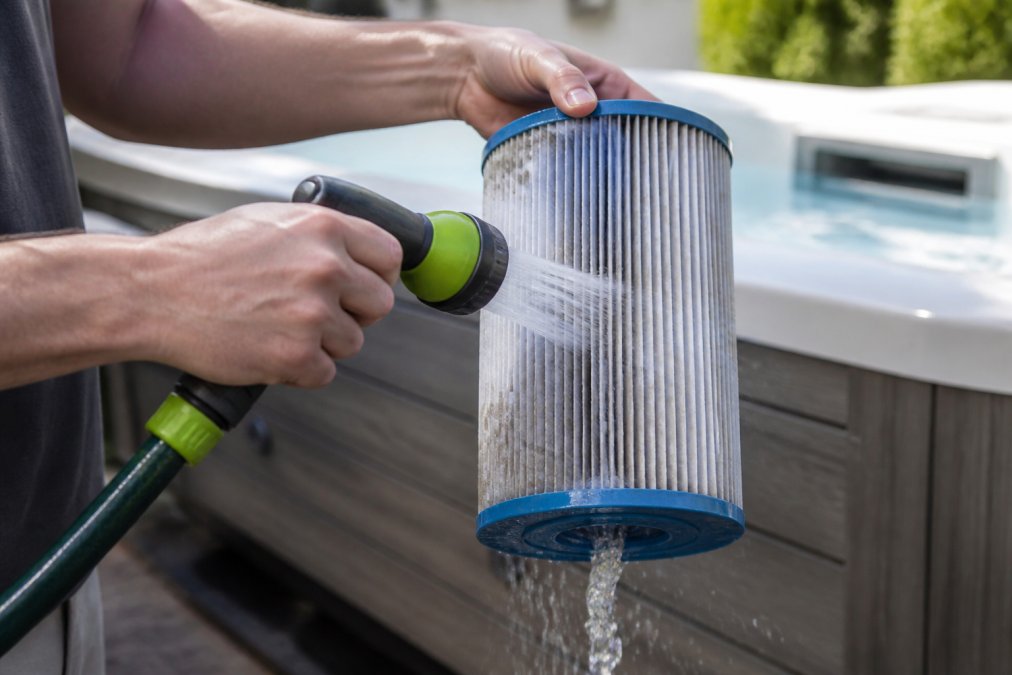 Hands holding a wet filter cartridge being rinsed with a garden hose, showing water running through the pleats in afternoon sunlight