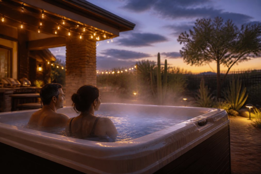 A couple relaxing in a backyard hot tub at dusk with steam rising, surrounded by desert landscaping and warm string lights